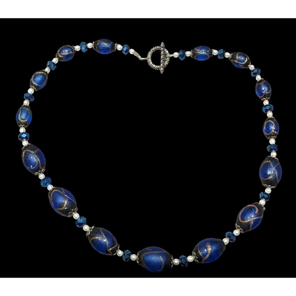 Regal Handmade Blue Glass And Faux Pearl Beaded Necklace